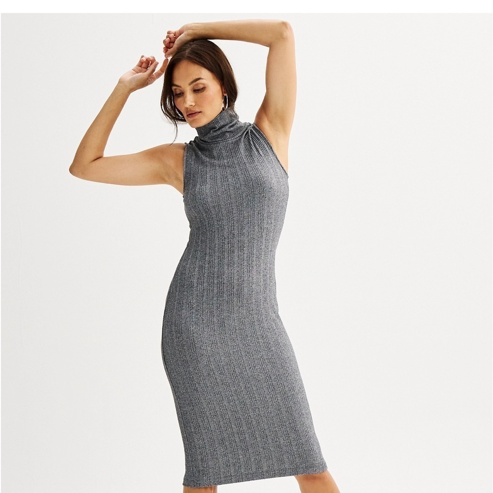 🆕 Nine West MIDI Dress Turtleneck Sleeveless Ribbed Gray Size M
